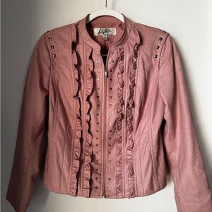 Stylish Pink Leather Jacket with Ruffle Details